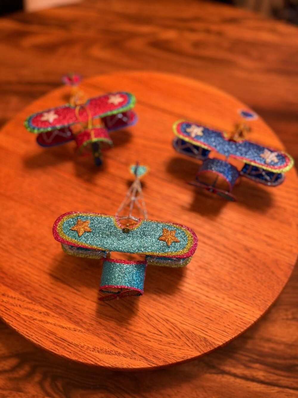 3 Vintage Pier 1 Glitter Metal Airplane Ornaments